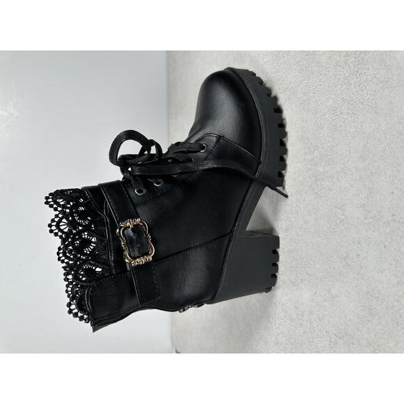 Shoes - Black Lace Trim Heeled Combat Boots Goth Punk Grunge Alt Platform Chunky Sz 41